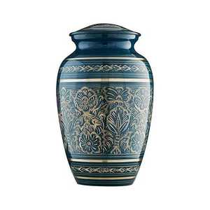 Traditional Ceramic Urn Blue Gold Floral Design Handmade Cylindrical Sympathy <b>Memorial</b> <b>Vase</b> Art Display Decor - Product Image 2