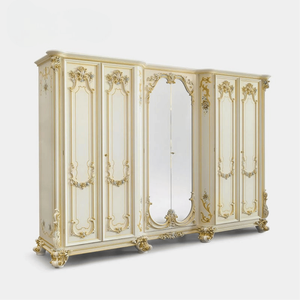 Armario de Madera de Caoba Clásico de Lujo, Seis Puertas, Color Crema Marfil, con Tallado Floral y Espejo, Diseño Elegante para Dormitorio - Product Image 6