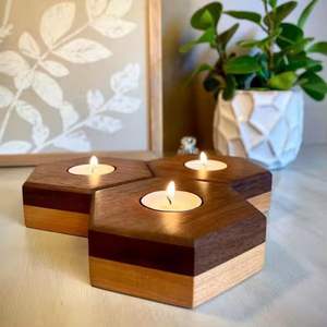 Ensemble de supports à bougies hexagonaux en bois, bois naturel, fait main, décoration d'intérieur, centre de table, cadeau, vente en gros - Product Image 3