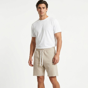 Men's Beige Cotton Bermuda Shorts With Drawstring Casual Style Mid Waist Solid Color Breathable Woven Fabric - Product Image 1