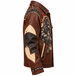 Brown Mens Leather Chore Jacket DJ Gorilla Graphic Spiked <b>Studded</b> Biker Coat Lapel Custom OEM ODM Factory Wholesale Production - Product Image 3