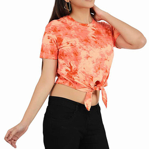 Women's Tie <b>Dye</b> Crew Neck Short Sleeve Crop Top Knotted Front Casual Jersey 100% Cotton Spring Summer - Product Image 5