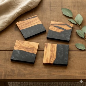 Handcrafted Wooden and <b>Epoxy</b> <b>Resin</b> Coasters 4 pcs set Made from Recycled Wood for Eco-Friendly Home Decor - Product Image 1
