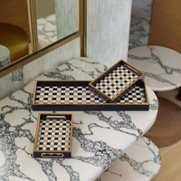 Jeu de 3 plateaux de service longs en verre avec cadre doré PS de luxe moderne avec impression d'échecs et de grilles de cartes