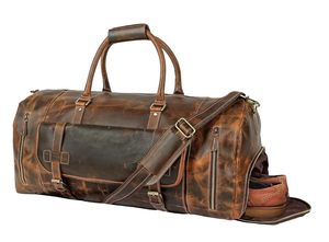 Genuine Leather Bag Men's Casual Travel Weekender <b>Adjustable</b> <b>Strap</b> Zipper Hasp Closure 30-40L Capacity Durable Shoulder Bag - Product Image 4