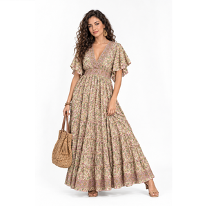 Bohemian V Neck Silk Maxi <b>Dress</b> for Women Short Flared Sleeve with Front Slit Fancy Maxi <b>Dress</b> for Beach Party Wear Bulk Export - Product Image 3