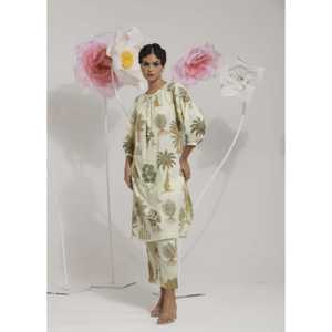 Ensemble Kurta pour femmes en tissu Cream Palm, style exotique - Product Image 3