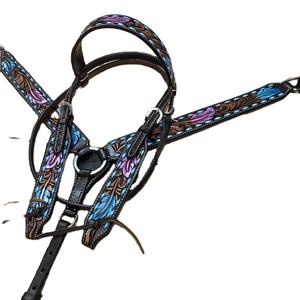 Vente en gros de têtière et de cuirasse en cuir véritable Western Floral coloré avec boucle fantaisie pour l'équitation - Product Image 2