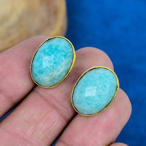 Natural Blue Amazonite Oval Shape Gemstone Dangle Hook Earring 18k Gold Micron Over 925 <b>Sterling</b> <b>Silver</b> - Product Image 3