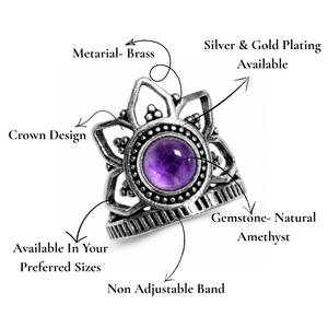 Violet Aura Amethyst Lotus Crown <b>Ring</b> Brass Silver Plated Bezel Setting Bohemia Style Handmade Unisex Jewelry - Product Image 2