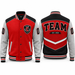 Chaqueta Varsity de Club Deportivo, Roja, Negra y Gris, con Insignia Bordada, Estilo Preppy, Chaqueta de Otoño para Hombre - Product Image 1
