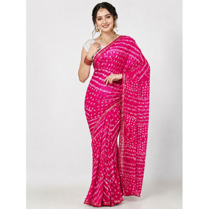 Sari en soie imprimé Bandhani rose, tenue ethnique traditionnelle pour femmes, pour mariage, festival, occasions spéciales, coupe classique, longueur au sol - Product Image 1