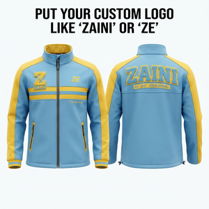 เสื้อแจ็คเก็ต ZAINI 340 GSM พรีเมียม โพลีเอสเตอร์ ซอฟต์เชลล์ สีฟ้า-เหลือง ตัดต่อสีตัดกัน มีฮู้ด เป็นมิตรกับสิ่งแวดล้อม กันลม ระบายอากาศได้ดี ODM - Product Image 1