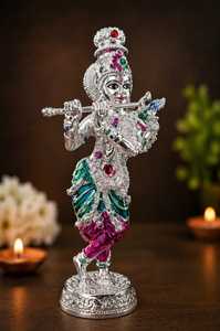 Ídolo de Krishna Hecho a Mano en Plata 999 con Diseño Art Deco Premium, con Flauta, para Templo en Casa y Decoración Espiritual de Lujo, Bodas y Diwali - Product Image 3