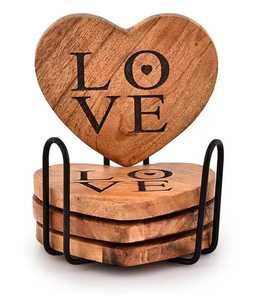 Posavasos de Madera con Forma de Corazón, Diseño Romántico, Reutilizables, con Soporte, Almohadillas de Corcho para Bebidas, Artesanales - Product Image 1
