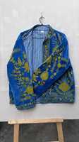 Blazer en velours bleu à col montant, respirant et à séchage rapide, avec broderie florale verte, manches longues, veste d'hiver pour femme
