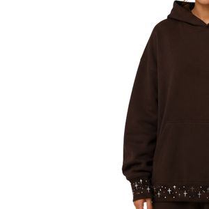 Sweat-shirt décontracté d'hiver pour femme, coupe oversize, marron foncé, avec ourlet croisé orné de strass, en molleton de coton premium - Product Image 3