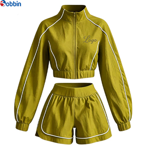 Conjuntos Deportivos Cortos de Verano Estilo Hip Hop para Mujer, 2 Piezas, Chaqueta con Cremallera y Pantalones Cortos, 100% Algodón, Transpirable, de Secado Rápido, Ecológico, Mangas Largas - Product Image 4