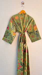 Women's Pink Animal Print Cotton <b>Kimono</b> Robe Full-Length Drawstring Closure Soft & Breathable Lightweight Summer Nightwear - Product Image 3