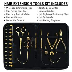 Kit complet d'outils pour extensions de cheveux en or avec pinces micro-anneaux en acier inoxydable, outil d'enfilage à boucle, aiguilles à coudre courbées - Product Image 2