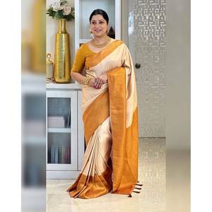 DISEÑADOR SUAVE SEDA JACQUARD TRABAJO SAREE CON BLUSA SIN COSTAR AMARILLO - Product Image 1