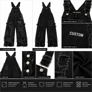 Custom Printed Women's Black Denim Overalls Loose Fit Full Length Ripped <b>Pockets</b> Punk Wide Leg Style Street Wear - Product Image 5