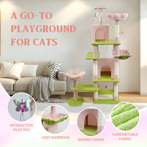Arbre à chat moderne multi-niveaux en jute et sisal rose et vert avec griffoir, grand condo amovible, mobilier d'intérieur pour animaux de compagnie - Product Image 5