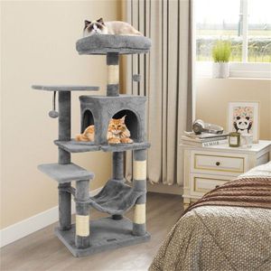<b>Light</b> Gray 44\" Multi-Level Cat <b>Tree</b> Indoor Cats Furniture with Spacious Top Perch 2 Door Condo Hammock - Product Image 6