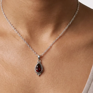 Classic Sterling Silver Garnet Pendant <b>Necklace</b> Water Drop Shape Bezel Setting Figaro Chain Unisex Everyday Wear Jewelry - Product Image 4