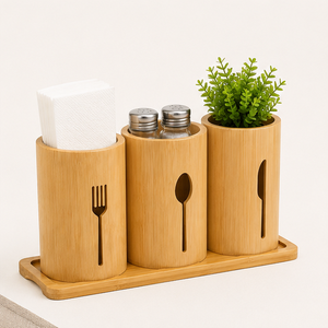 Modern Eco-Friendly 3-Compartment Bamboo Utensil <b>Caddy</b> For Countertop Sustainable Wood Silverware Holder And Flatware Organizer - Product Image 4