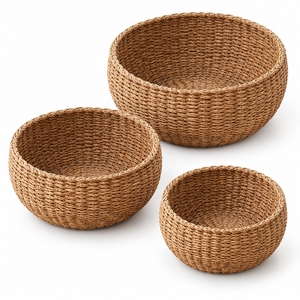 Customizable Eco-Friendly <b>Seagrass</b> Diamond Woven <b>Storage</b> <b>Basket</b> Set 3 Piece Round <b>Baskets</b> with Handles for Home Organization - Product Image 3