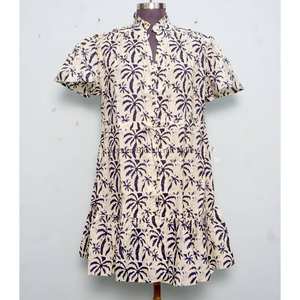 Stylish Elegant Vintage Summer Beach <b>Mini</b> Dress Women Handmade Organic Cotton O-Neck Long Sleeve A-Line Floral Print Breathable - Product Image 2