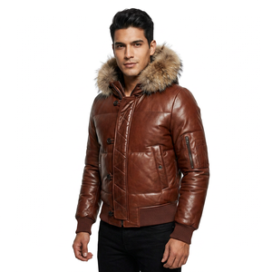 Men's <b>Brown</b> Leather Bomber <b>Jacket</b> Hooded Square Collar Waterproof Breathable Spring Slim Fit Vintage Embroidery Front - Product Image 4