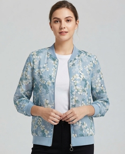 <b>Women</b> Solid Bomber <b>Jacket</b> <b>Light</b> Blue Lightweight Windproof Winter Zip-Up - Product Image 1