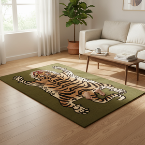 Tapis tibétain tufté à la main motif tigre, taille personnalisée, rectangulaire, en laine kaki, à poils ras, design à motifs - Product Image 5
