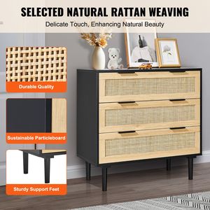 Commode moderne à 3 tiroirs en rotin, coffre de rangement en bois naturel pour vêtements, style bohème, idéal pour les sous-sols - Product Image 4