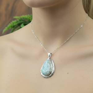 Natural Larimar Gemstone 925 Sterling Silver Handmade Hammered Design Teardrop Pendant <b>Boho</b> Statement Jewelry Gift For Women her - Product Image 2