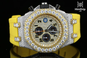 Luxury Men's Antique Vintage Hip Hop Moissanite Encrusted <b>Chronograph</b> Watch Yellow Silicone Strap Gold Bezel 42mm Stainless - Product Image 1