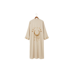 Caftán Beige Bordado con Diseño de Luna para Mujer, Vestido Largo de Manga Corta, Estilo Modesto para Oración, Ropa para Mujeres Musulmanas de Oriente Medio - Product Image 1