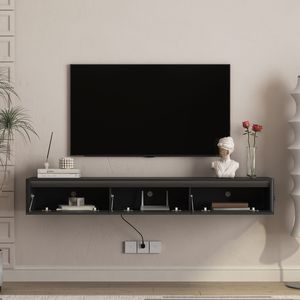 Mobile TV Sospeso a Parete con Luci LED e Presa di Corrente per TV Nera in Soggiorno - Product Image 4