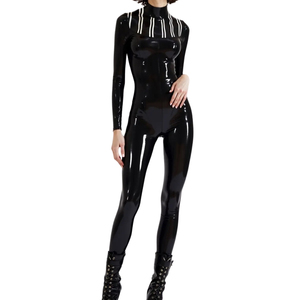 Mono largo de mujer negro con revestimiento de PU, cintura alta, manga larga, cuello alto, cremallera, ajuste ceñido, de elastano y nailon, para discoteca - Product Image 2