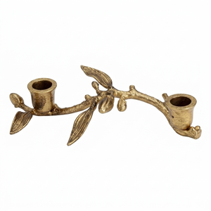 Exquisite Gold Botanical Taper Holder Features A Textured <b>Vine</b> Branch Design With Delicate <b>Leaves</b> And Two Detailed Candle Cups - Product Image 4
