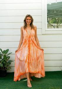 Colección de verano Elegante Tie-Dye Long Maxi Dress Mangas Elegante Beach Look Spaghetti Strips Sweet Sun Style Precios al por mayor - Product Image 6
