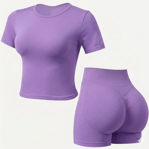 Women Solid Seamless Lavender Yoga Set Short Sleeve Crop Fitness <b>Top</b> 2-Piece Lightweight Breathable Front Waist Scrunch Shorts - Product Image 1