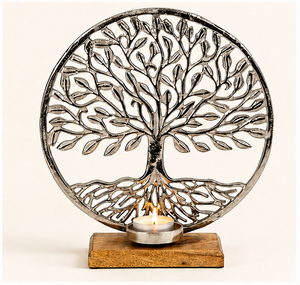 Handcrafted Silver Tree Of Life Tealight Candle Holder With Rustic Wooden Base Elegant Metal Tree Branch Candle <b>Stand</b> For Home - Product Image 3
