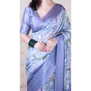ผ้าซารีเนื้อจอร์เจต์สีฟ้าพิมพ์ลายดอกไม้ปักดิ้นทอง สำหรับชุดเพื่อนเจ้าสาว - Product Image 4
