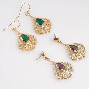 <b>Gold</b> Plated Green Onyx Filigree <b>Dangle</b> <b>Earrings</b> Pear Shape Gemstone Boho Vintage Statement Jewelry for Women - Product Image 4