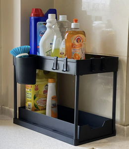 OEM/ODM Vietnam 2 Tier Under Sink Organizer Sliding Cabinet Rack with <b>Hooks</b> Kitchen Bathroom Storage <b>Shelf</b> - Product Image 4