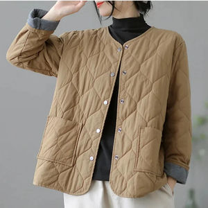 2026 Women's Quilted Jacket V-Neck Long Sleeve Thick Winter <b>Coat</b> Solid Color <b>Button</b> Closure Polyester Wadding Warm Outerwear - Product Image 3