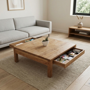 Mesa de Centro Moderna y Minimalista de Madera de Teca Natural, Mesa Central de Madera Sólida con Dos Cajones de Almacenamiento, Cuadrada, para Patio o Sala de Estar - Product Image 3